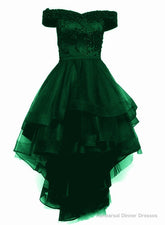 Green Tulle Cute High Low Off Shoulder Prom Dresses